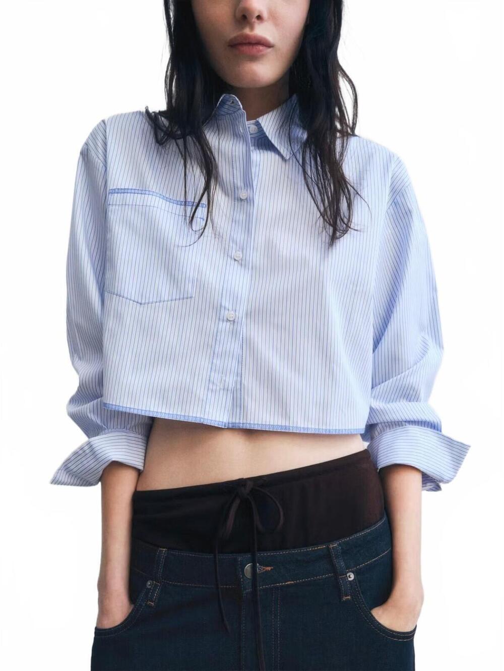 Mango Striped cropped shirt with stitching detail NWT Blue Size 6 (EUR M)
